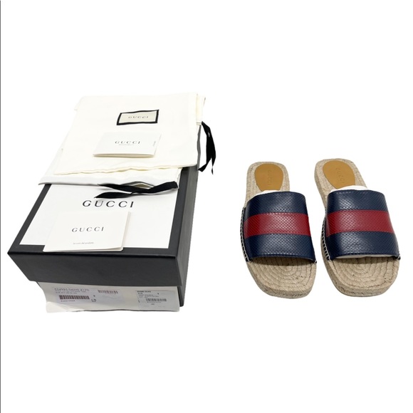 Gucci Web Signature Leather Men’s Slides - Picture 3 of 12